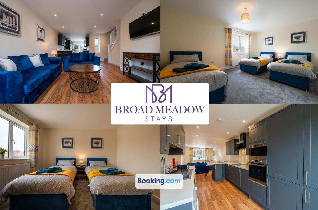 a bedroom and a living room with two beds at 2 Bedroom, Brand new property By Broad Meadow Stays Short Lets and Serviced Accommodation Lincoln With Garden in Lincoln