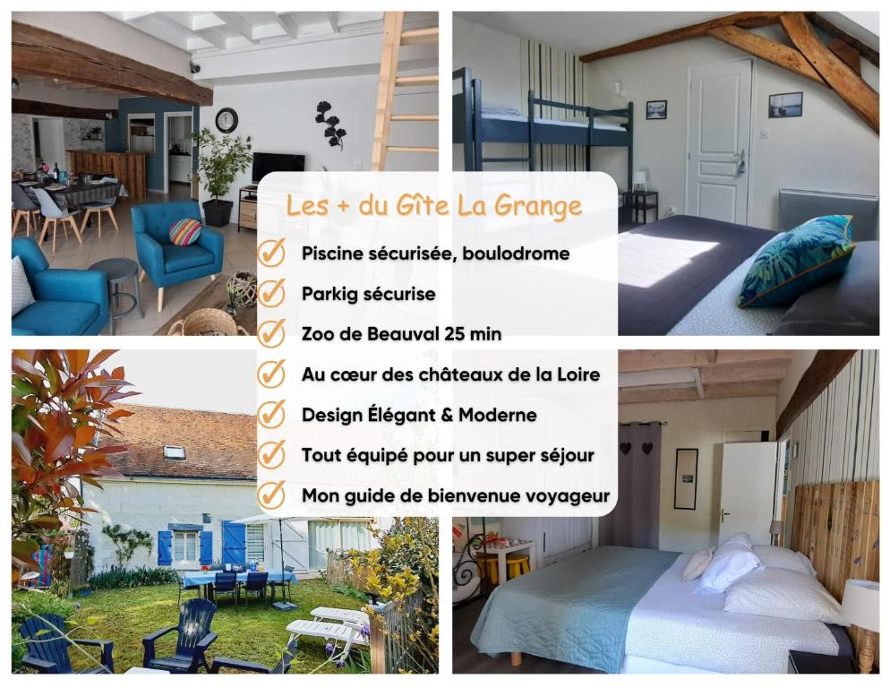 un collage de fotos con una cama y una habitación en Gîte La Grange 9 pers, en Saint-Georges-sur-Cher