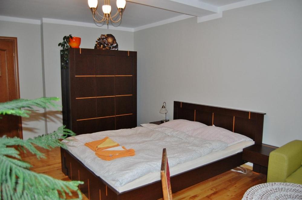 a bedroom with a large bed and a green chair at Pod Dziką Różą in Baligród