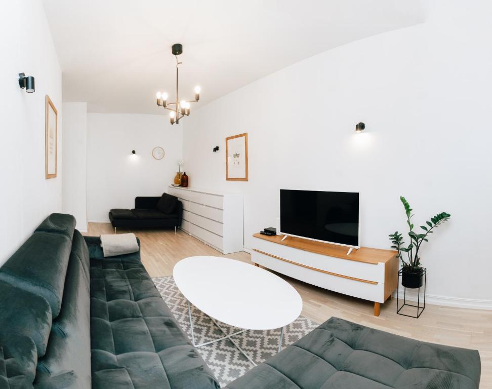 ein Wohnzimmer mit einem Sofa und einem TV in der Unterkunft Gonsiori Apartment in Tallinn