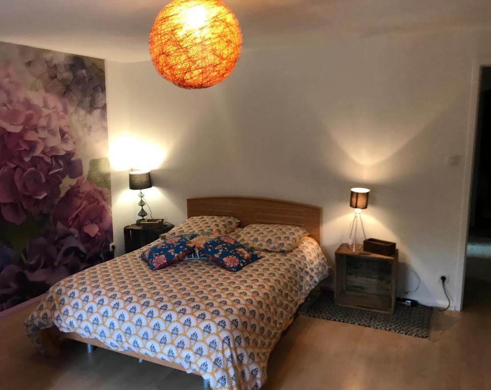 a bedroom with a bed with two pillows on it at Côté Rive, au bord de la rivière La Moselotte et terrasse in Saulxures-sur-Moselotte