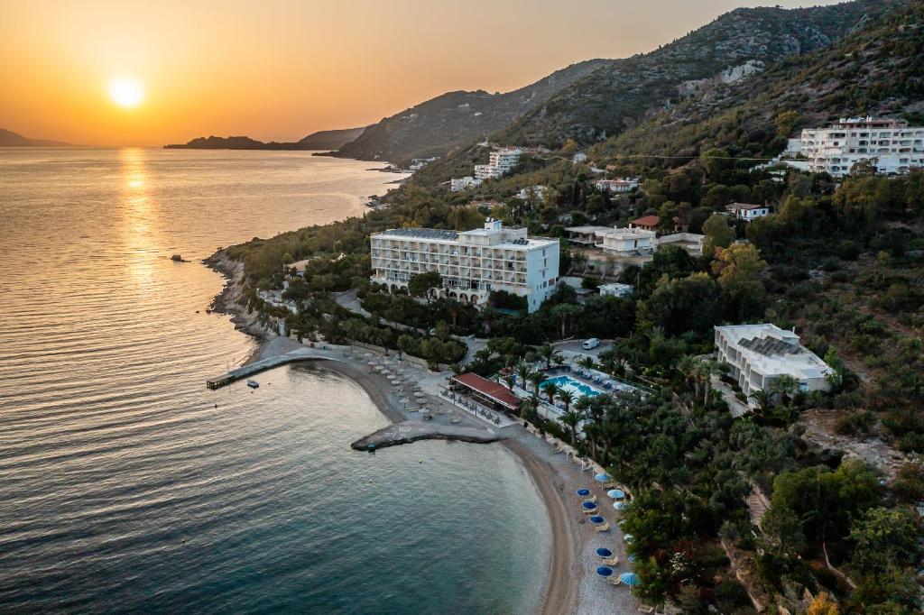 an aerial view of a beach at sunset at Pappas Hotel in Loutraki