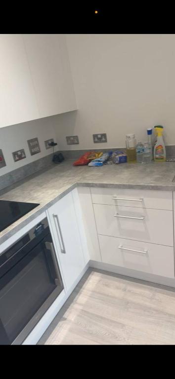 a kitchen with white cabinets and a counter top at 1 bed and breakfast by the Thames in Thamesmead