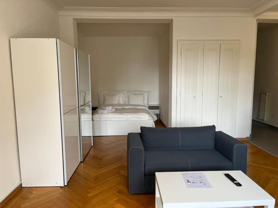 - un salon avec un canapé et un lit dans l'établissement Studio ensoleillé avec balcon, à Lausanne