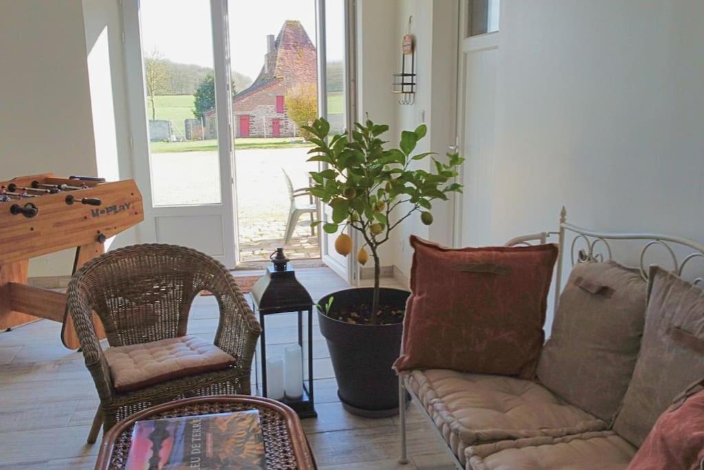 ein Wohnzimmer mit einem Sofa, Stühlen und einer Pflanze in der Unterkunft La Gravardière, Nature & Pêche, 5min de la ville in Belhomert-Guéhouville