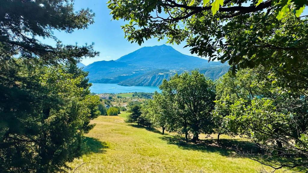 a view of a mountain and a lake through trees at L'Eden des Grisons in Le Sauze-du-lac