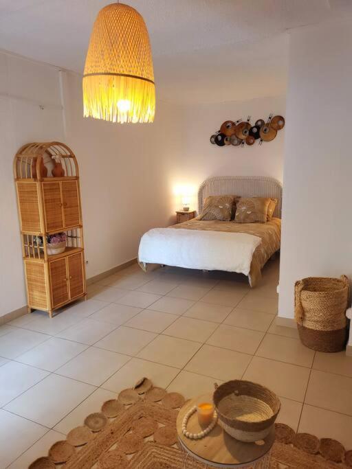 ein Schlafzimmer mit einem Bett und einem Tisch darin in der Unterkunft proche maison carrée in Nîmes