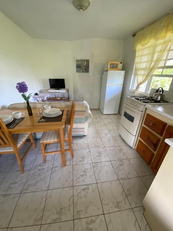 a kitchen and dining room with a table and a stove at Coconut house Charlestown nevis in Charlestown