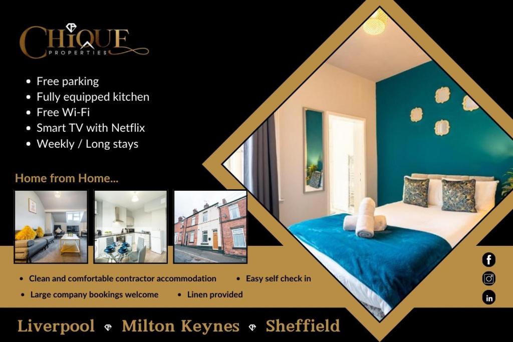 uma colagem de três fotografias de um quarto em Sheffield Contractors Stays- Sleeps 6, 3 bed 3 bath house. Managed by Chique Properties Ltd em Brightside