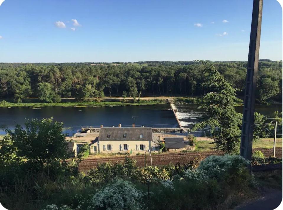 an aerial view of a house next to a lake at La grotte in Bourré