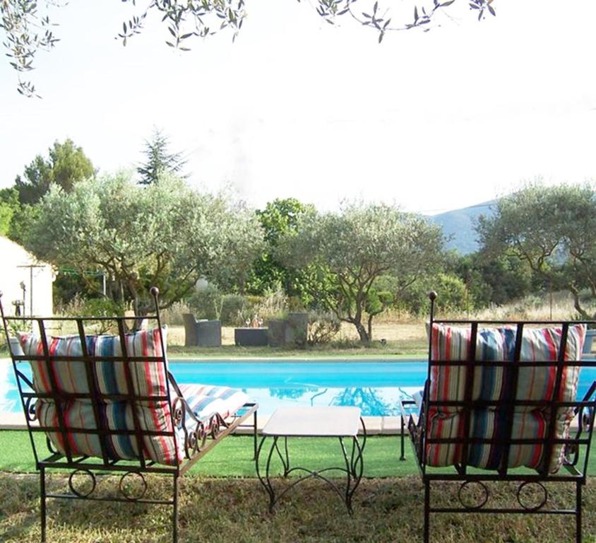 dwa krzesła i stół obok basenu w obiekcie OUSTAOU DU GAYET gîte de charme avec piscine privée w mieście Lourmarin