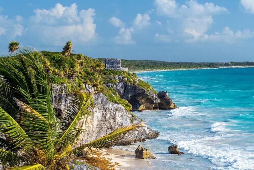 una vista di una spiaggia con palme e l'oceano di Little Oasis with private pool in the jungle a Chemuyil