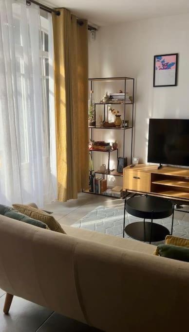 un salon avec un canapé et une télévision dans l'établissement Maison cosy. Mandres, à Mandres-les-Roses