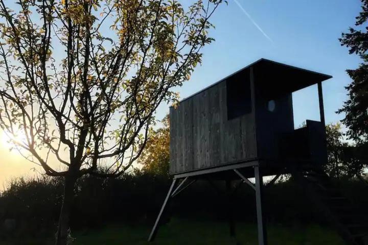 una casa de madera sentada en un campo junto a un árbol en Posed FOLGE, en Děčín