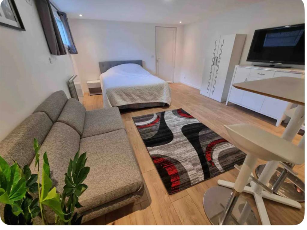 ein Wohnzimmer mit einem Sofa und einem Bett in der Unterkunft Studio proche gare et Versailles 4 min à pied train vers Paris in Marly-le-Roi