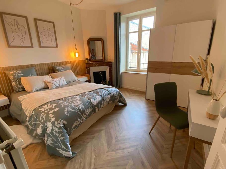 une chambre avec un lit, un bureau et une chaise dans l'établissement Cocon douillet près de la Gare., à Nancy