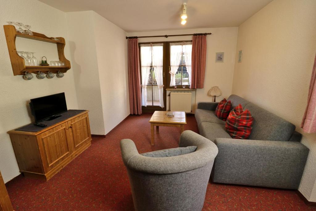 a living room with a couch and chairs and a television at Apartment 06 - Ferienresidenz Roseneck, 2 Schlafzimmer, mit Schwimmbad in Todtnauberg bei Feldberg in Todtnauberg