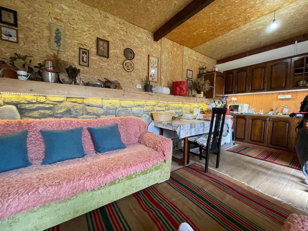 a living room with a pink couch and a table at Origjina Farm in Përmet