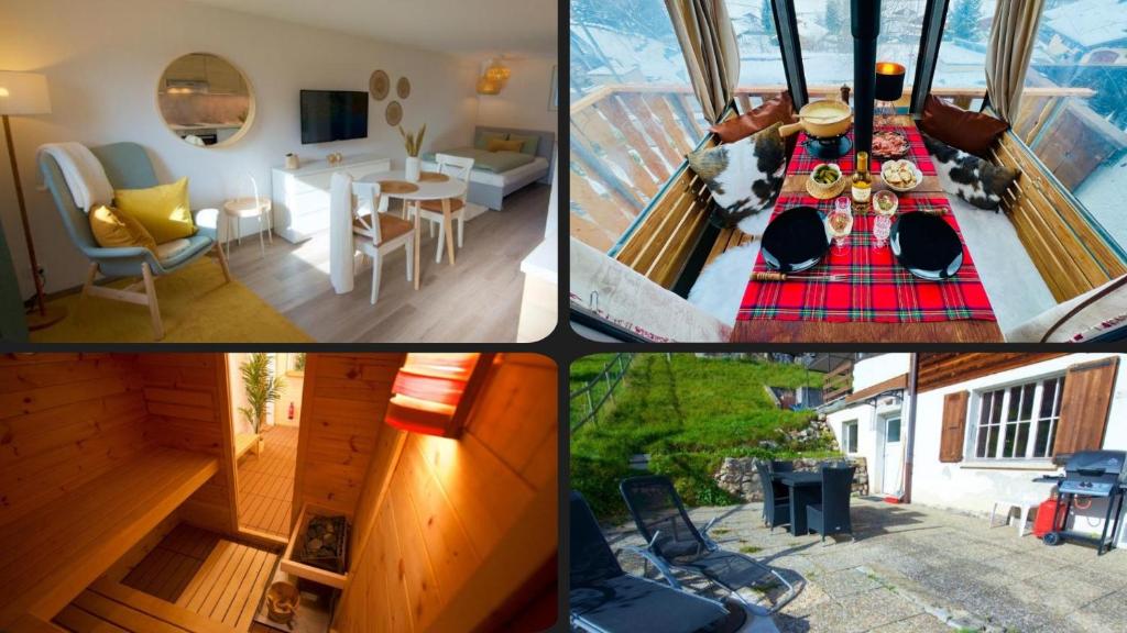 a collage of four pictures of a house at Serpolet - Studio loft - Sauna in Leysin