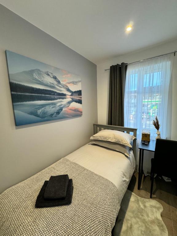 a bedroom with a bed with a picture on the wall at Gorgeous Budget Room in Beckenham