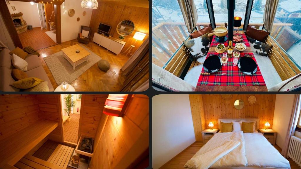 un grupo de cuatro fotos de una habitación en Serpolet - Chalet 6 personnes - Sauna en Leysin