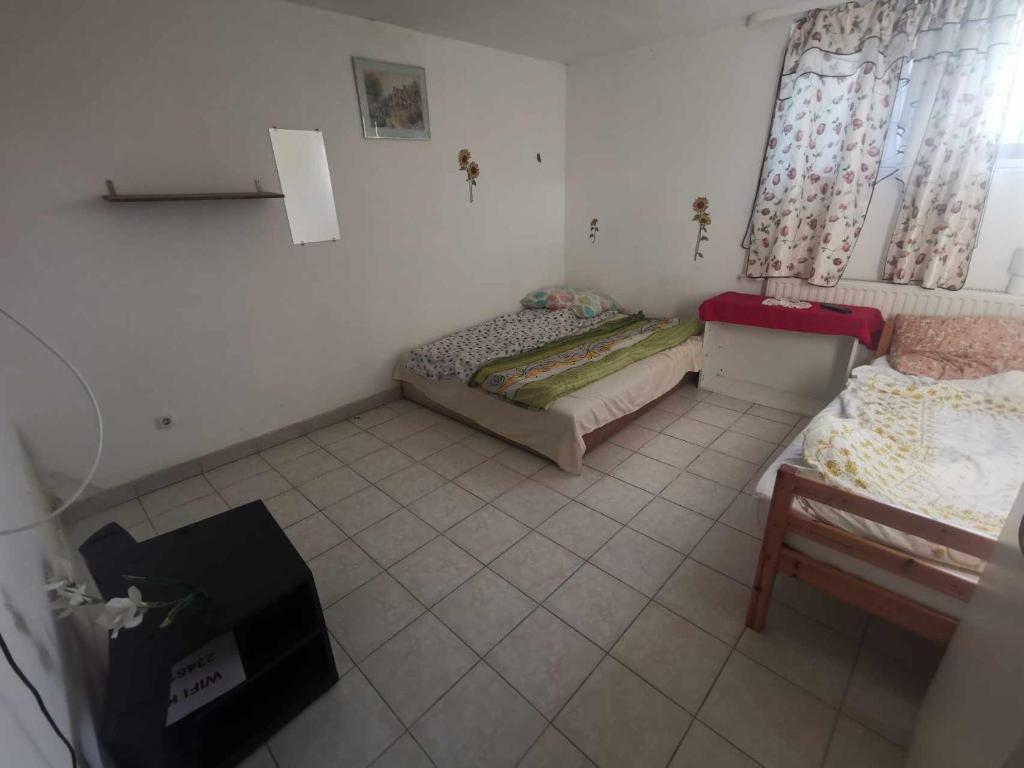 a small room with two beds and a window at Badacsony Hostel in Badacsonytomaj