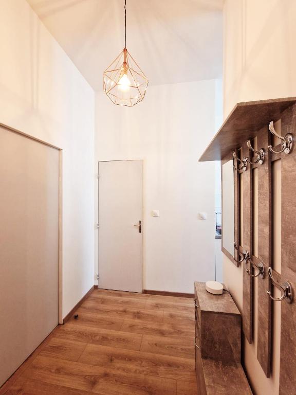 a hallway with white walls and wooden floors and a door at appartement cosy en centre ville avec terrasse in Villefranche-sur-Saône
