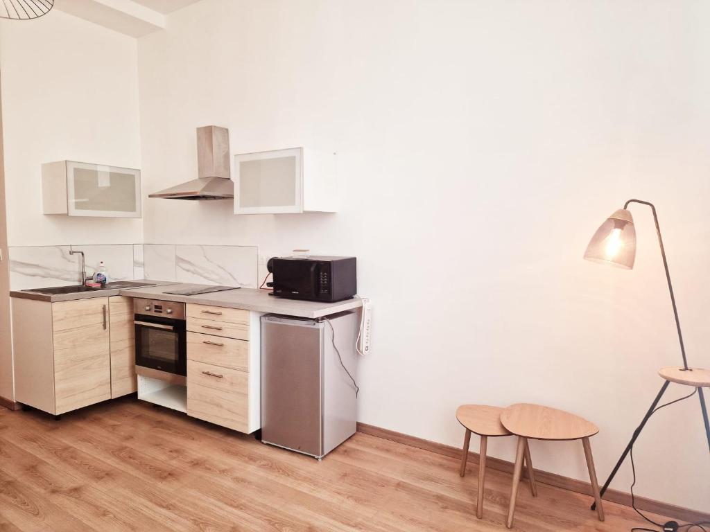 a kitchen with a refrigerator and a table and chairs at appartement cosy en centre ville avec terrasse in Villefranche-sur-Saône