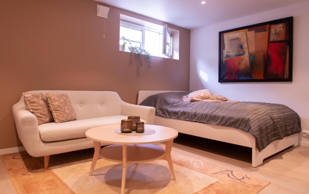 Koselig studioleilighet i Sandnes sentrum في ساندنيس: غرفة معيشة مع أريكة وسرير وطاولة