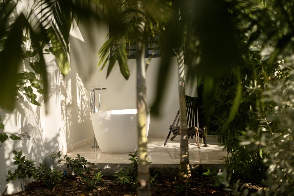 un bagno con una vasca da bagno accanto a una palma di Villa Mahogany a Les Anses-d'Arlets