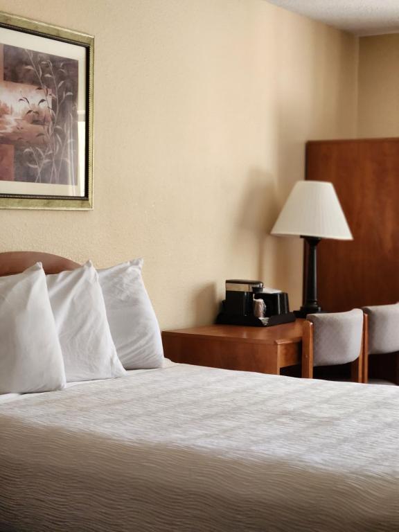 a bed in a hotel room with a lamp and a telephone at Luxury Inn & Suites in Silverthorne