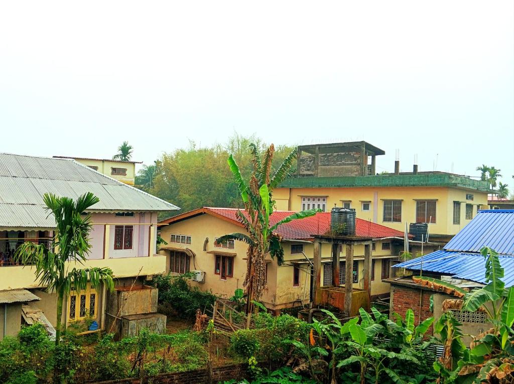 a group of houses with roofs and palm trees at JDreamland Homestay in Jorhāt