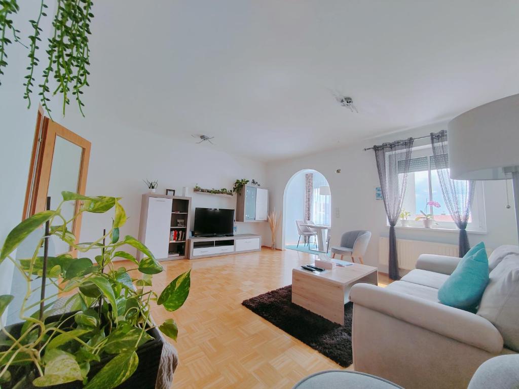 ein Wohnzimmer mit einem Sofa und einem TV in der Unterkunft Große Ferienwohnung Burgenland in Eisenstadt