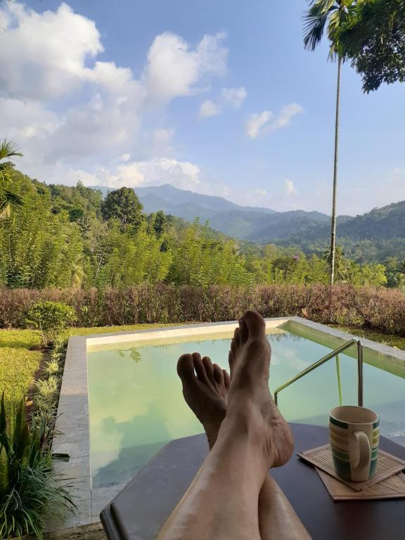 una persona sobre una mesa junto a una piscina en Monkey manor villa, Strathisla Tea Estate Bungalow en Matale