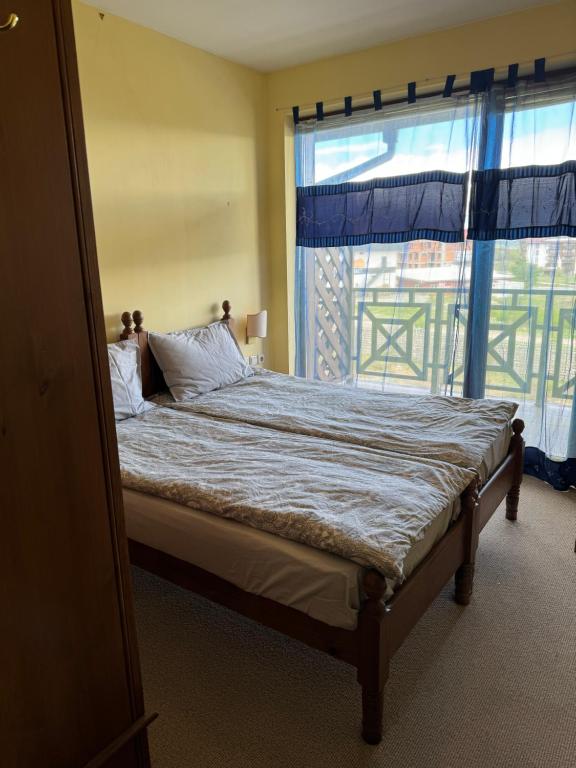 een slaapkamer met een bed en een groot raam bij Vacation apartment Evel in Bansko