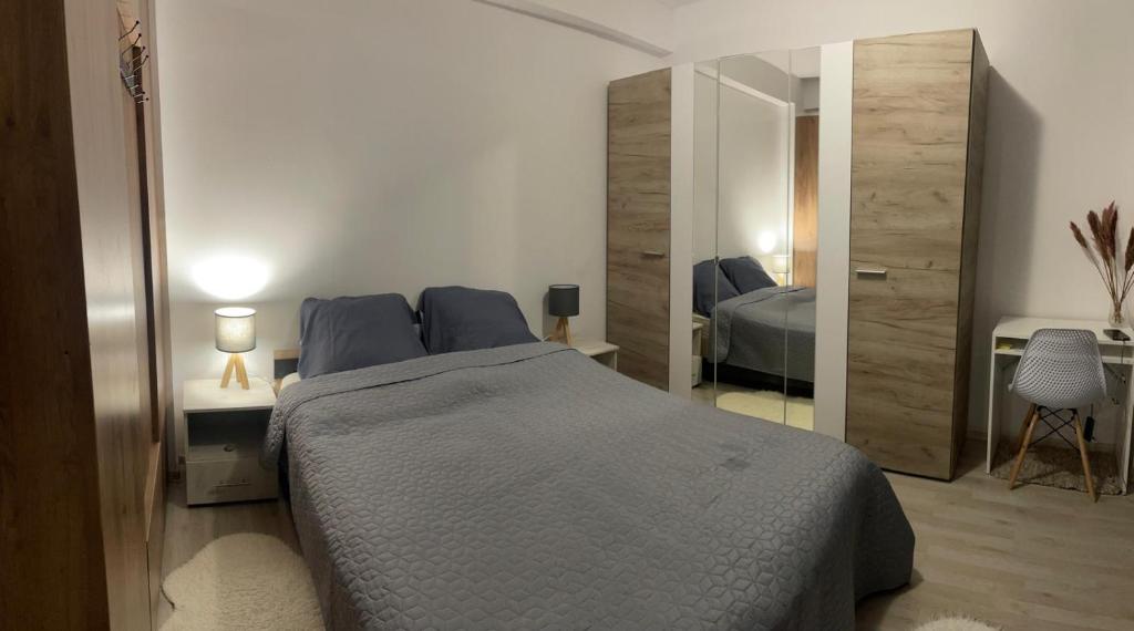 1 dormitorio con 1 cama grande y espejo en Ferienappartment Casasim, en Techirghiol