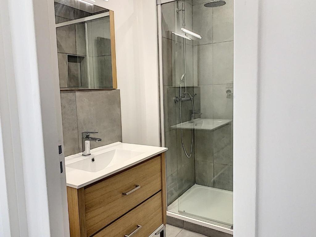 uma casa de banho com um lavatório e um chuveiro em Superbe chambre meublée avec sa propre salle de bains avec douche et wc privés em Vandoeuvre-lès-Nancy