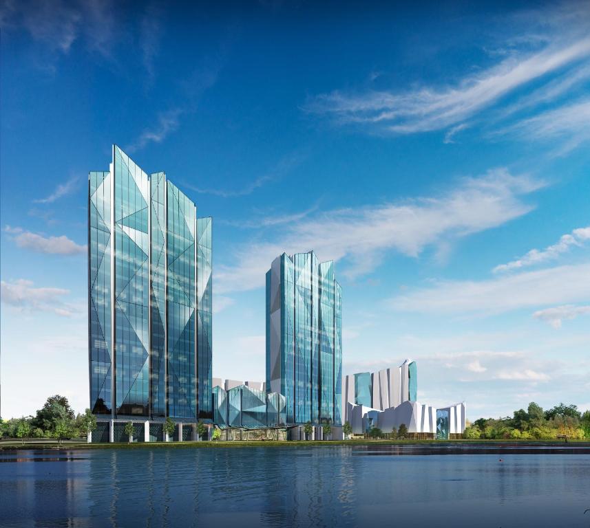 a rendering of a tall glass building next to a body of water at L+Snow Supreme Hotel in Shanghai