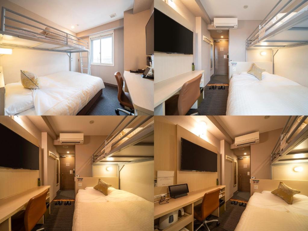 a hotel room with two beds and a desk and a tv at Super Hotel Premier Musashi Kosugi Ekimae in Kawasaki