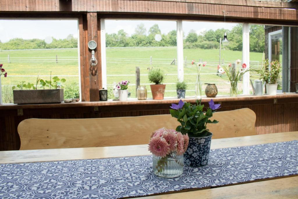 einen Tisch mit Blumen auf einem Tisch in der Unterkunft Schwabenhof Ferienwohnung II in Leutershausen