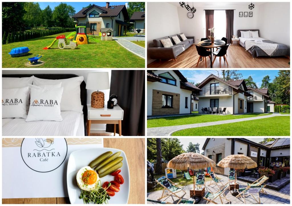 a collage of pictures of a house and a house at RABA RESORT - Domki i Apartamenty pod Krakowem in Gdów