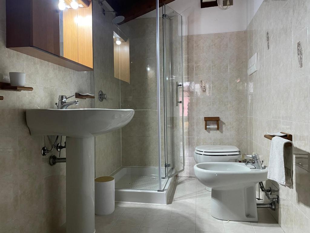 La salle de bains est pourvue d'un lavabo, de toilettes et d'une douche. dans l'établissement CASA GIULIA, à Monzambano