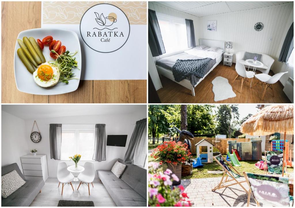 a collage of photos of a small apartment with a plate of food at RabaPark- Domki Pod Krakowem in Gdów