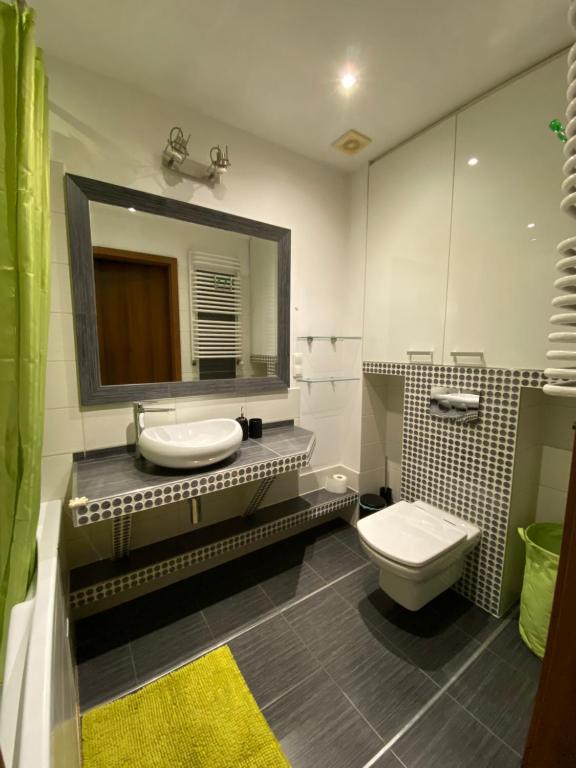 a bathroom with a sink and a toilet and a mirror at Apartament Mosiężna & Taras & Free Parking & Self Check in 24H in Wrocław