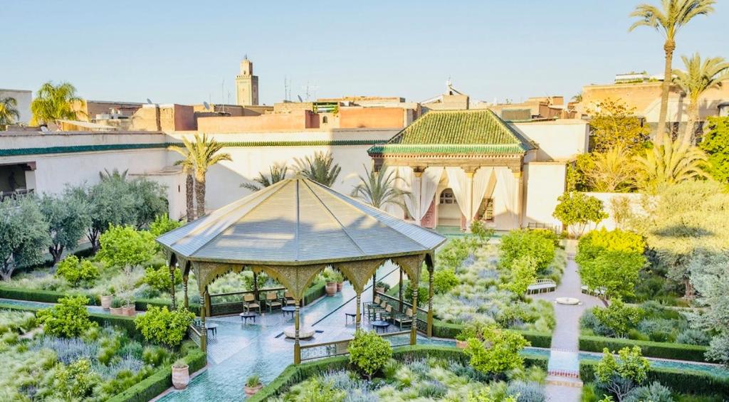 an aerial view of a building with a gazebo and a garden at Villa Baddi Marrakech in Marrakesh
