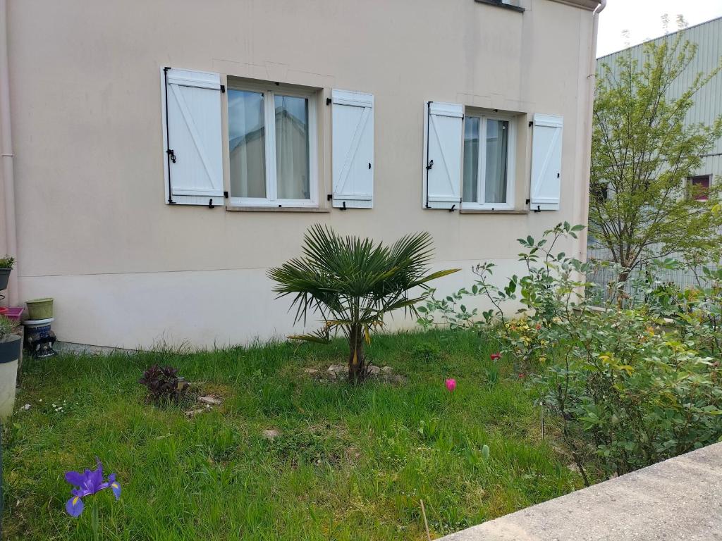 a house with two windows and a palm tree in the grass at chez H&M in Saint-Cyr-lʼÉcole