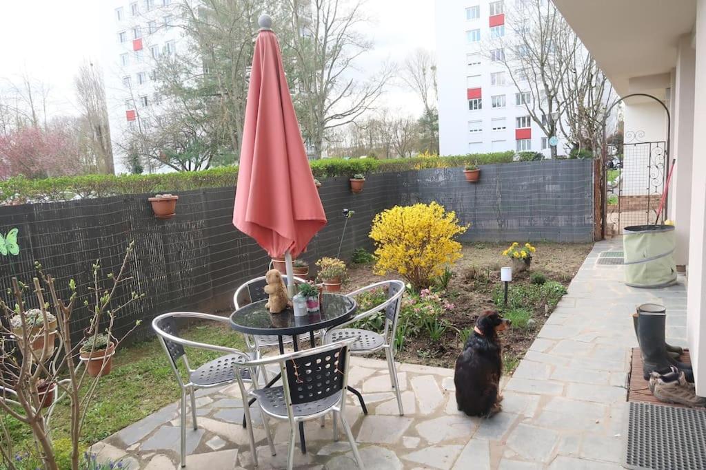een patio met een tafel met een rode parasol en een kat bij Grand F4 avec double jardin in Chilly-Mazarin