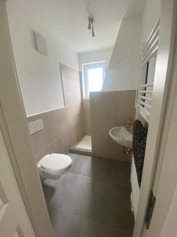 a bathroom with a toilet and a sink at Zimmervermietung Mauersberger in Wendeburg