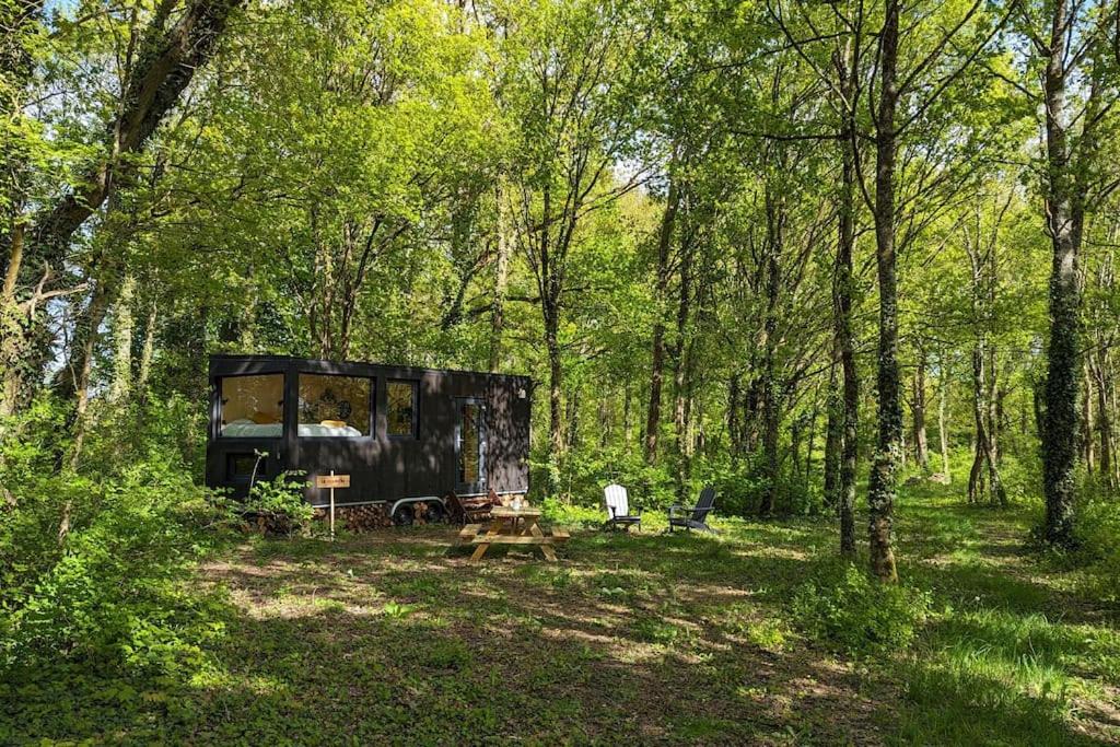 a black tent in a forest with a picnic table at Tiny House La Clairière au milieu des bois ! in Sonchamp