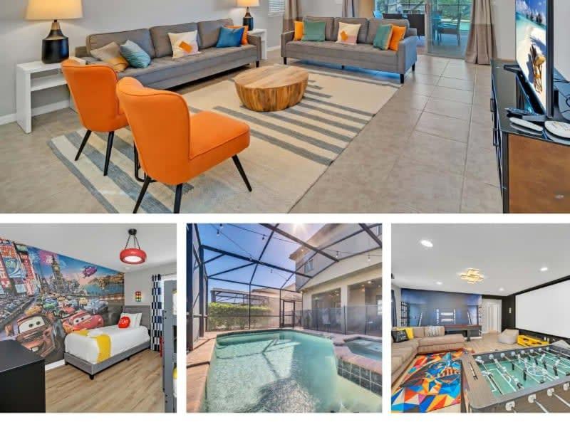 3 Bilder eines Wohnzimmers mit Pool in der Unterkunft Contemporary Villa close to Clubhouse Star Wars Cars and Disney Princess Rooms Huge Pool Game Room with Theatre in Kissimmee